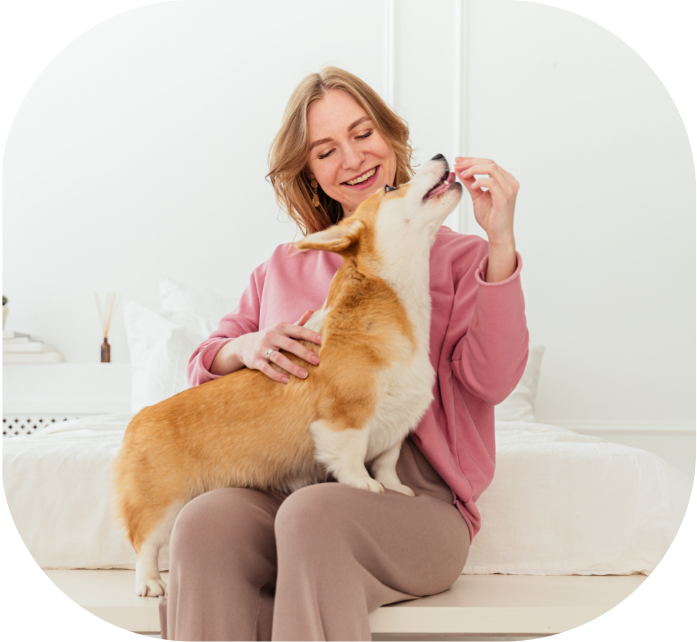 Woman feeding a dog with product sampling snacks
